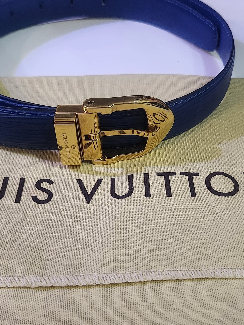 Louis Vuitton Men's Navy Epi Leather Belt with Gold Buckle